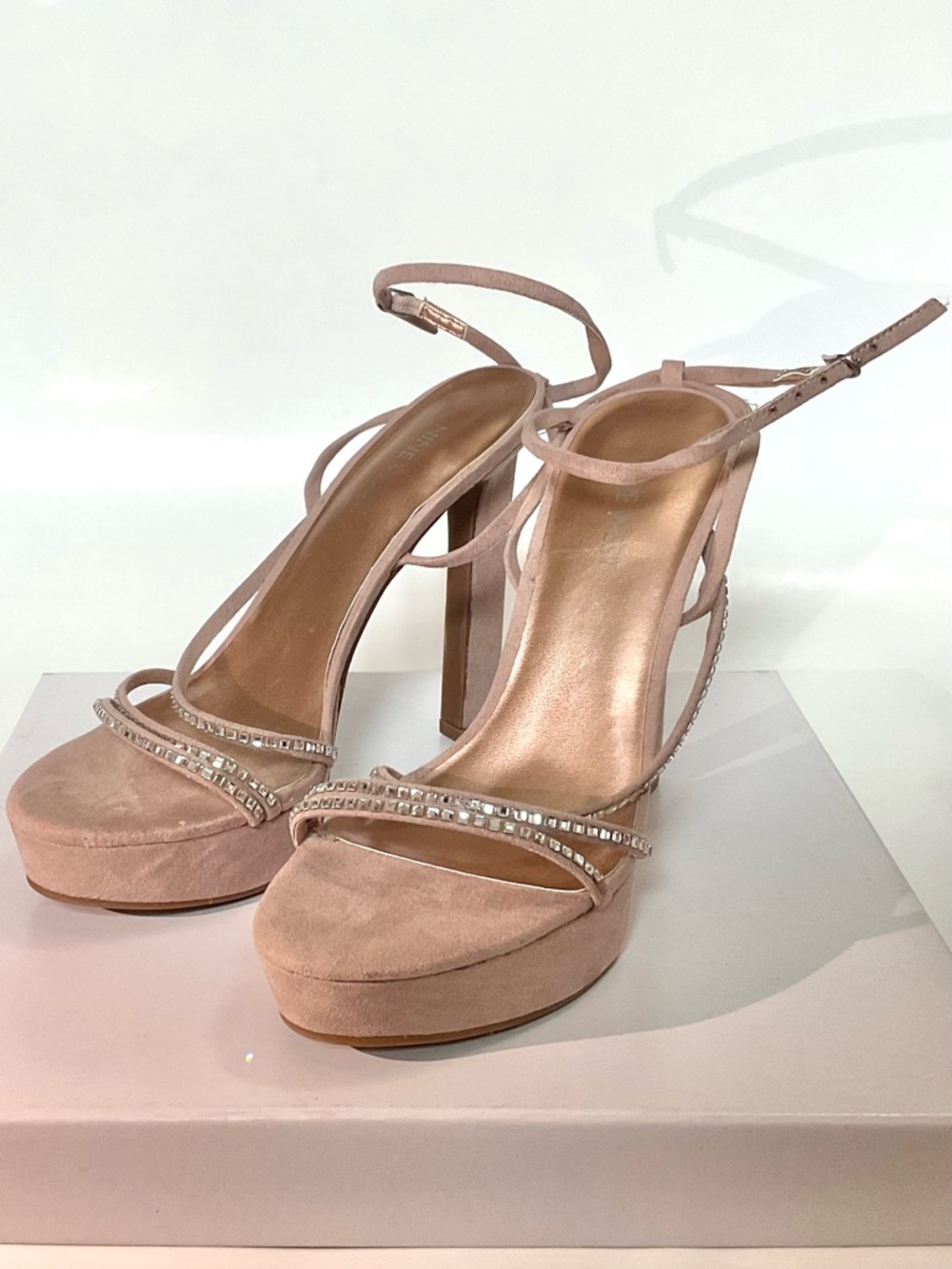 Blush Pink Platform Strappy Heels with Rhinestone Accents